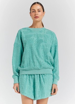 Poolside Paradiso Crew Jumper Size M 10 Jade Aqua Blue Terry Toweling Resort