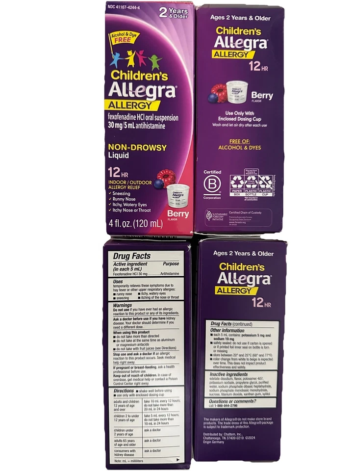 (4) Alivio de alergias Allegra para niños 12 horas 30 mg baya sin somnolencia 4 oz Foto 2 de 2