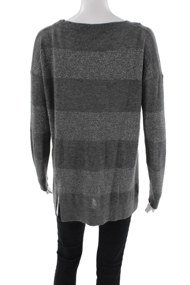 Suéter Vince Mujer Cachemira Rayas Cuello Redondo Gris Plata Talla Mediana Foto 3 de 4
