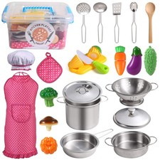 Kitchen Pretend Play Toys with Stainless Steel Cookware Pots and Pans Set, Co...
