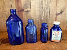 COBALT BLUE GLASS BOTTLES MEDICINE RX APOTHECARY Phillips Magnesia Vtg Lot of 4