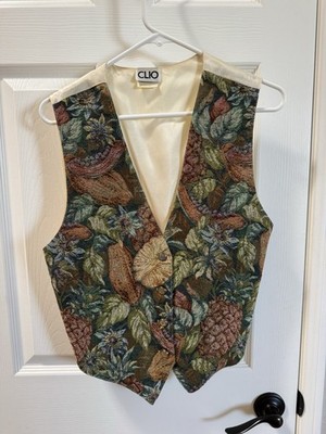 Vintage CLIO Tapestry Vest Made In USA Fruit Floral CottageCore Button Front MED