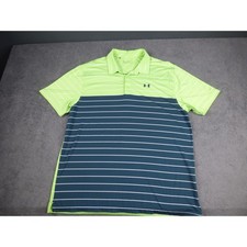 Under Armour Mens 2XL Polo Shirt HeatGear Striped Lime Green Navy Blue Loose Fit