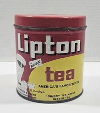 Vintage Lipton Tea Canister Button Top Tin JL Clark Container Red Yellow