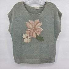 JH Collectibles Knit Sweater Vest Medium Green Floral Vintage Cottagecore Boho