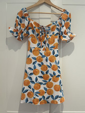 Shein Orange Fruit Print Mini Dress UK 8 Short Puff Sleeve Cottagecore Summer