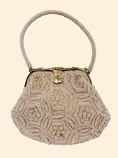 1960s Delill Creamy Peach Beaded Evening Bag Cream Pearl Beaded Purse Korea VTG