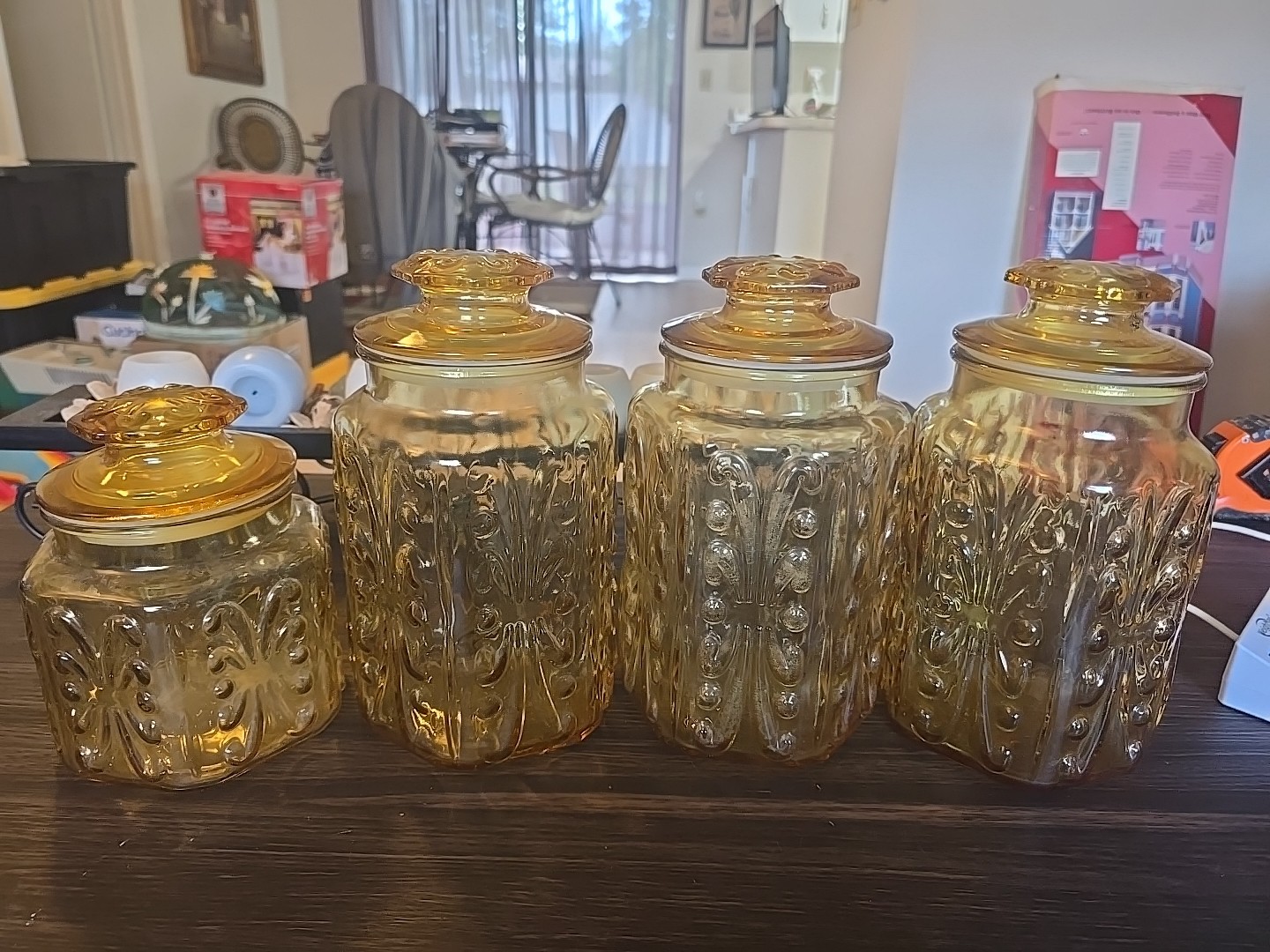 Set of 3 Vintage 1960s LE Smith Imperial Glass Atterbury Amber Scroll Canisters