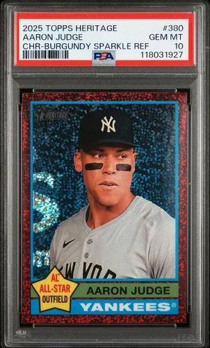 2025 Topps Heritage #380 Aaron Judge Burgundy Sparkle Refractor PSA 10