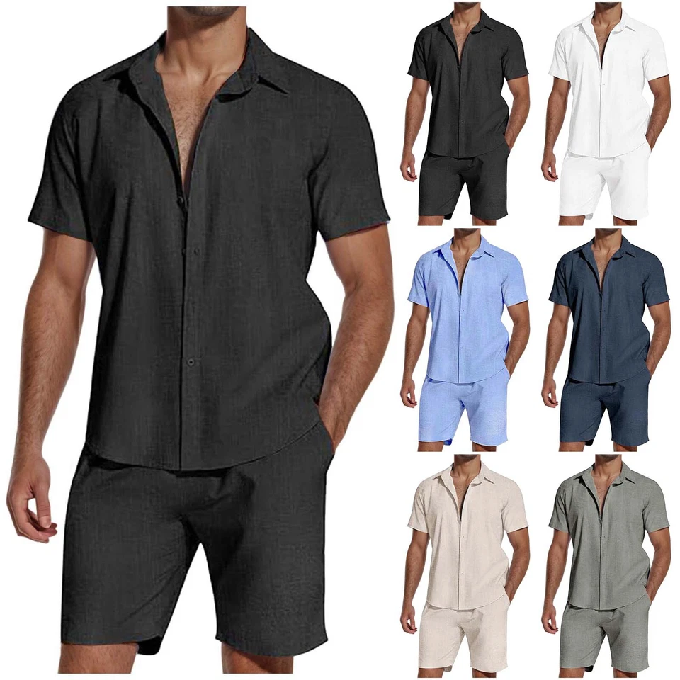 Conjunto de 2 piezas de algodón y lino para hombre manga corta camisas con botones verano playa Foto 2 de 4