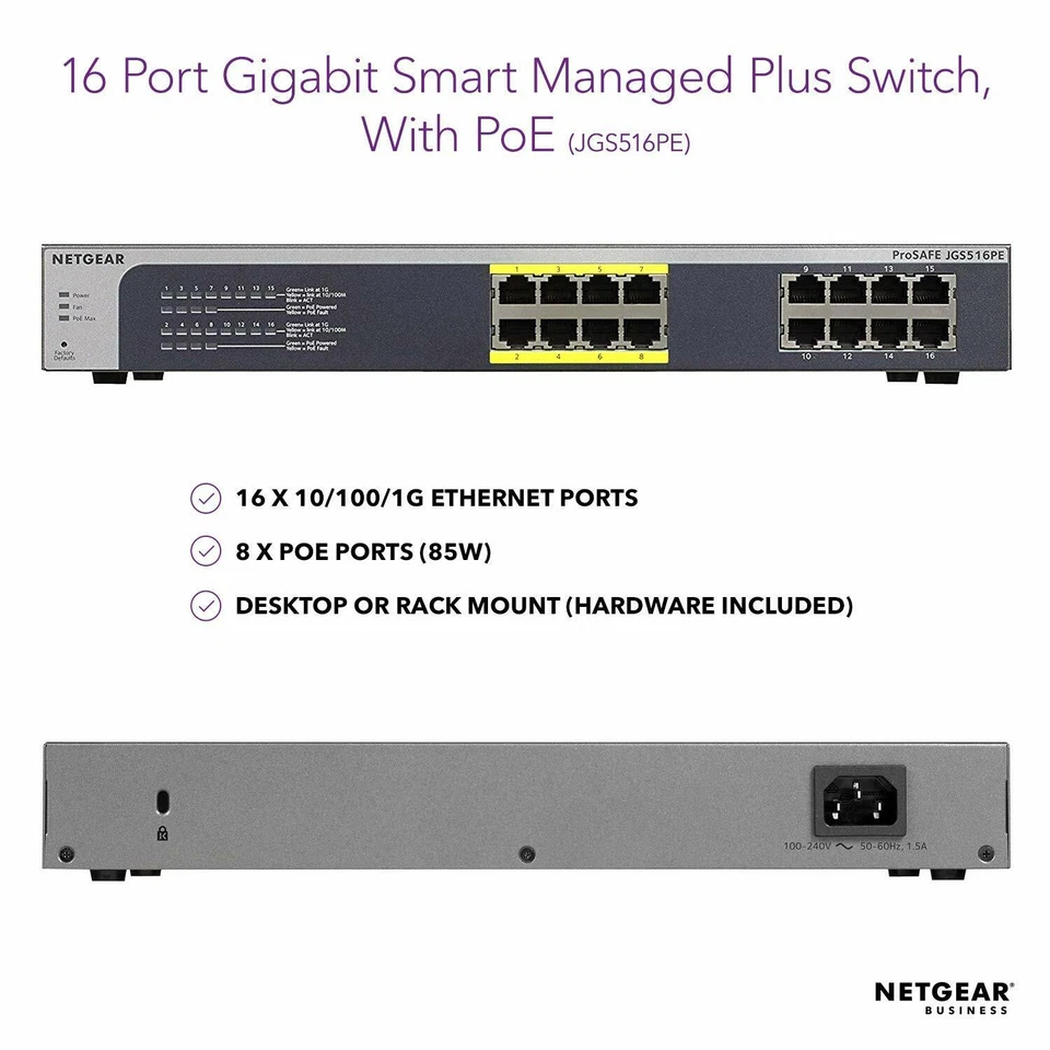 NETGEAR JGS516PE-100EUS 16-Port Gigabit Ethernet PoE Smart Managed Plus Switch - Image 2 of 4