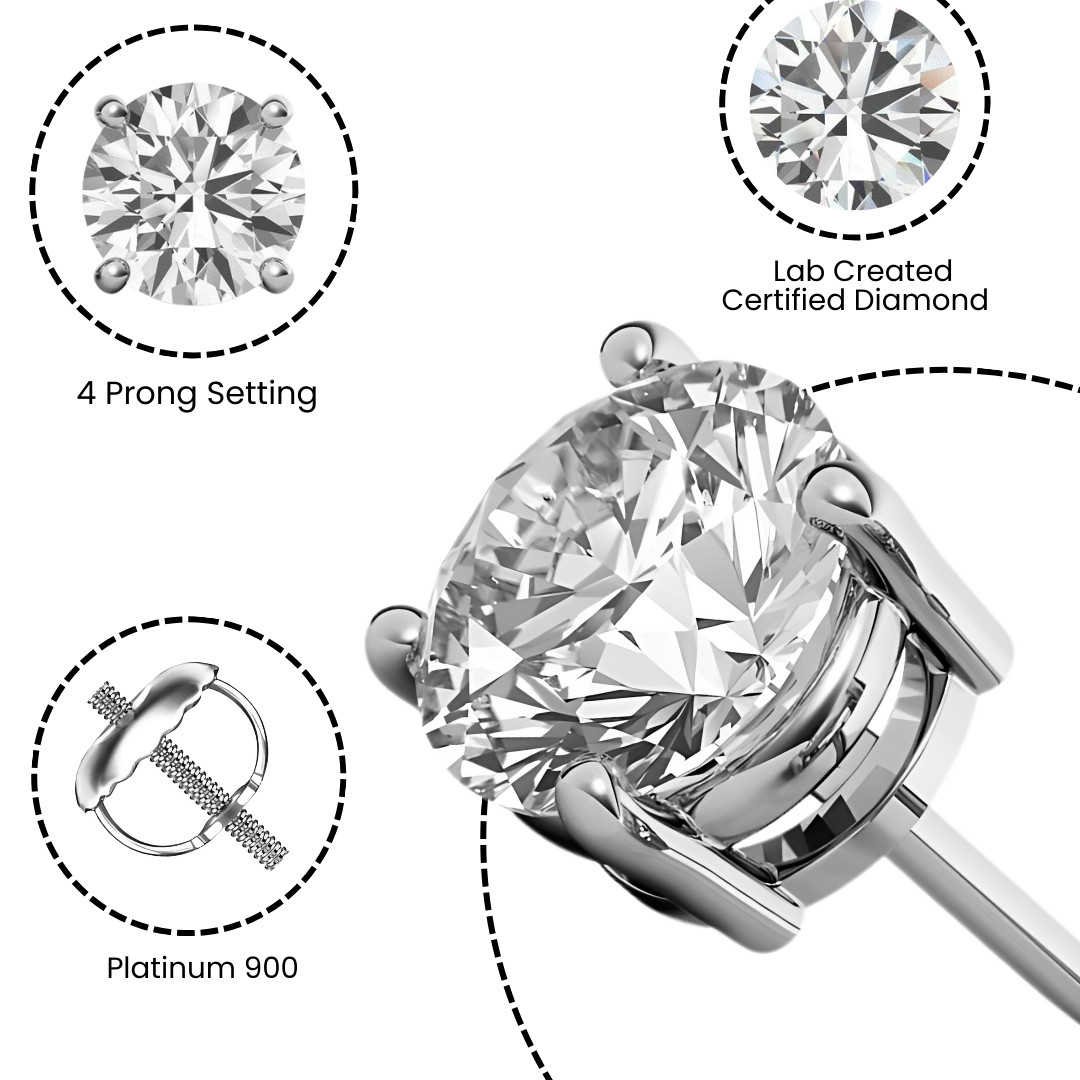 IGI 3.02 Ct D VS1 Round Lab Grown Diamond Screw Back Studs Platinum 900