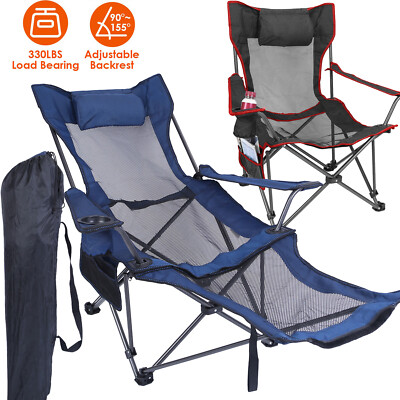 Heavy Duty Camping Chair w/Reclining Backrest Folding Lounge Sit& Lie Down Chair
