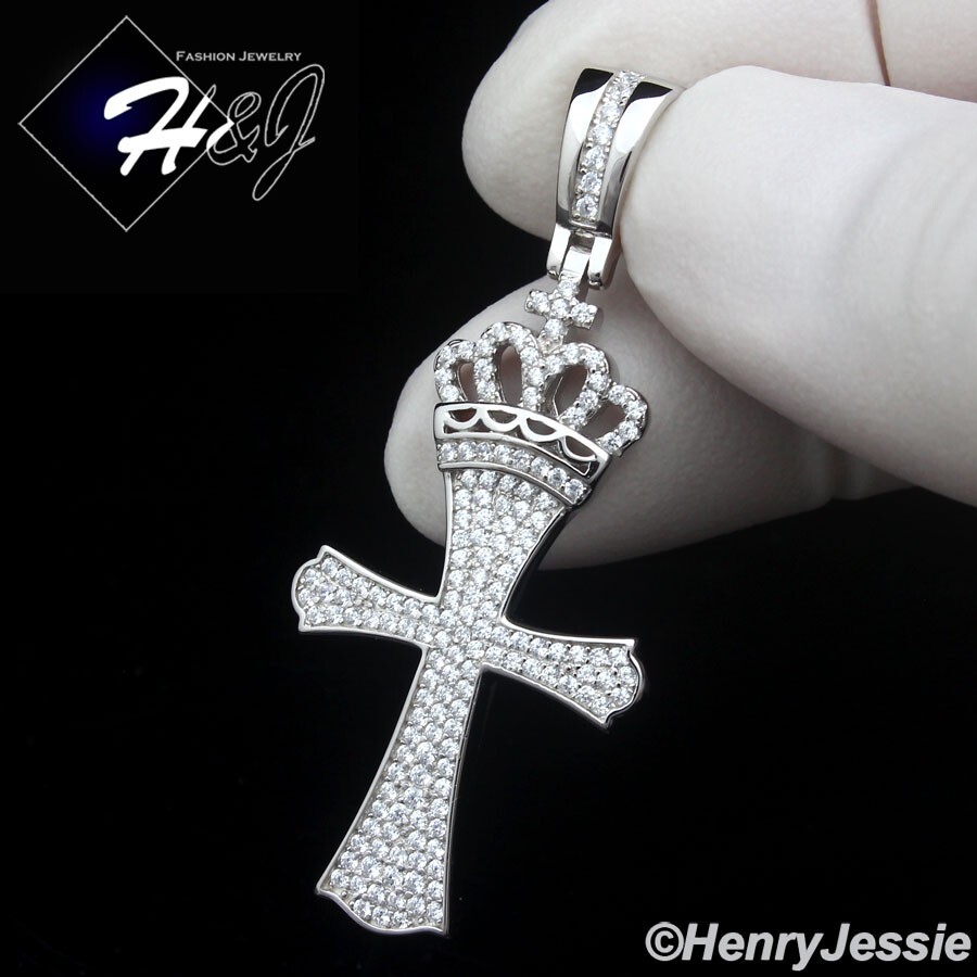 MEN WOMEN SOLID 925 STERLING SILVER ICY BLING CZ 3D CROWN CROSS