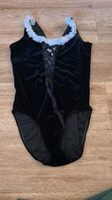 Womens Velvet Leotard Dance Bodysuit Top Small Black White Lace Trim Sleeveless