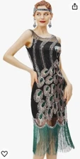 Babeyond Black XL Gatsby Flapper Party Midi Dress Gold Sequins Peacock Green