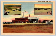 Flint Michigan~Bishop Airport~Airplanes~Linen Postcard