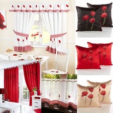 Modern Poppies Embroidery Gingham Border Eyelet or Kitchen Curtain Accessories