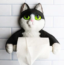 Whimsical Black White Kitten Cat Toilet Paper Roll Holder Bathroom Wall Decor