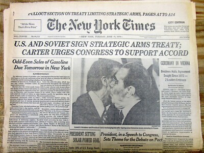 1979 NY Times newspaper US & SOVIET UNION sign SALT 2 TREATY Limit NUCLEAR BOMBS