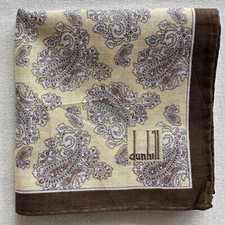 Men Dunhill Handkerchief light Yellow Cotton Brown Paisley VTG Pocket Square 19"