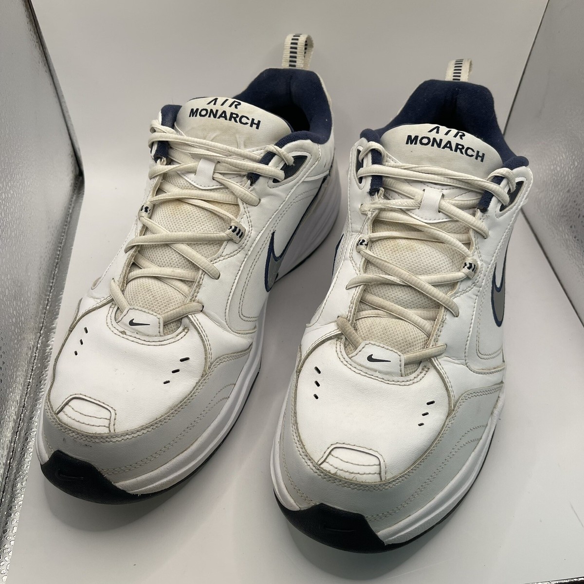 Nike Air Monarch White/Blue Leather 416355- 102 Mens Size 14W Dad Shoes