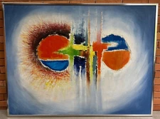 Colorful Vintage 1960s Abstract Shapes Oil Painting Mid Century MCM Modern Art