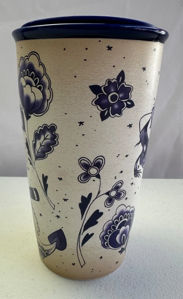 STARBUCKS 2016 BLUE Mermaid Siren Sailor Tattoo Ceramic Travel &lid 12oz Tumbler - Image 2 of 4