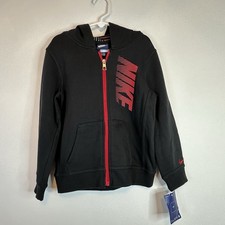 Nike Boys Child Sz 7 Hooded Zip Up Sweatshirt Black Red Logo Zipper Hood Jacket