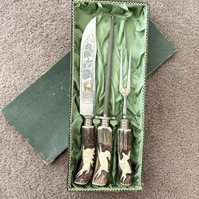 NOS Solingen Engraved Stainless Steel 3pc Carving Set w/ Case Knife Fork Steel