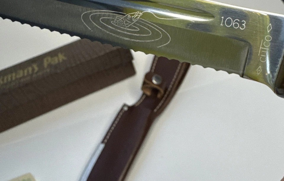 Cuchillo de caza de pesca dentado Cutco 1063 de colección mango de remolino marrón funda original Foto 4 de 4