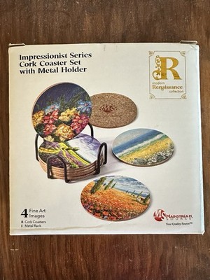 Impressionist Series Cork Coaster Set with Metal Holder NWT