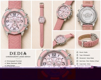 DEDIA Swiss Made Women's Pink Chronograph Watch MOP Dial Leather Strap Card &...