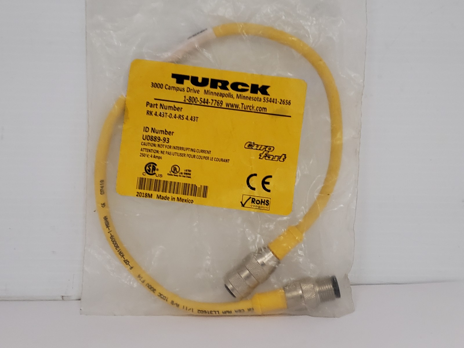 TURCK RK 4.43T-0.4-RS 4.43T CORDSET DOUBLE ENDED FEMALE/MALE (U0889-93) NIB