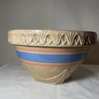 McCoy Pottery Mixing Bowl Yellowish With Pink And Blue Stripes Vintage 7 1/4”