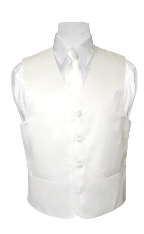 BOY'S Dress Vest & NeckTie Solid WHITE Color Neck Tie Set for Suit / Tux size 14