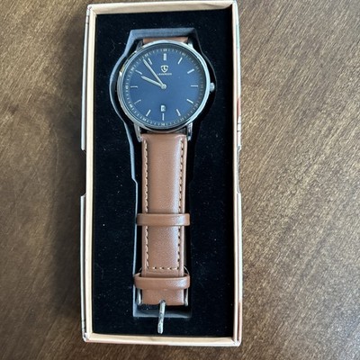 LAVAREDO Ultra Thin Quartz Wristwatch Blue Dial Brown Leather Band Date at 6:00