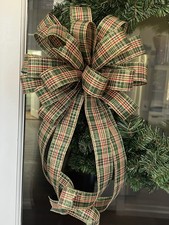 Handmade Red Green Gold Plaid Holiday Bow 10 x 20 in. Wreath Garland Decor