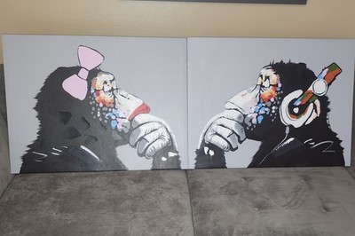Modern Monkey Canvas Wall Art Set Floral Street Art Style