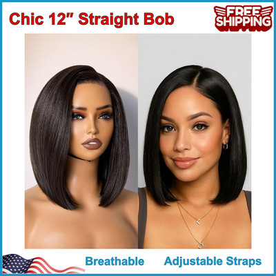 Black Bob Lace Front Wig Glueless Straight Short Wigs Upgrade w/ Human-Hair-Like