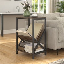 Narrow Side Table, Industrial Slim End Table with 3-Tier Storage, Oak