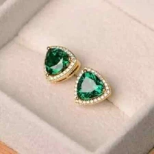 3Ct Lab-Created Emerald  trillion  Halo Stud Earrings 14k Yellow Gold Over