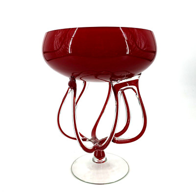 VTG Krosno Handblown Glass Art Red Jellyfish Octopus Pedestal Bowl Vase 10.5''