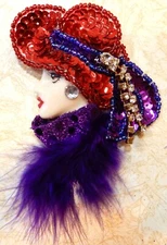 Lady Face Porcelain-Look pin Brooch handmade Red Hat Society