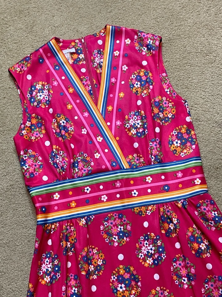 Maxi Vestido Floral Psicodélico Flower Power Vintage Años 60 70 Sin Mangas Rosa Grande Foto 2 de 4