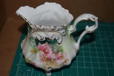 Antique R S Prussia Pink Floral Lily Pad Plume Mold Creamer Gold Trim Footed