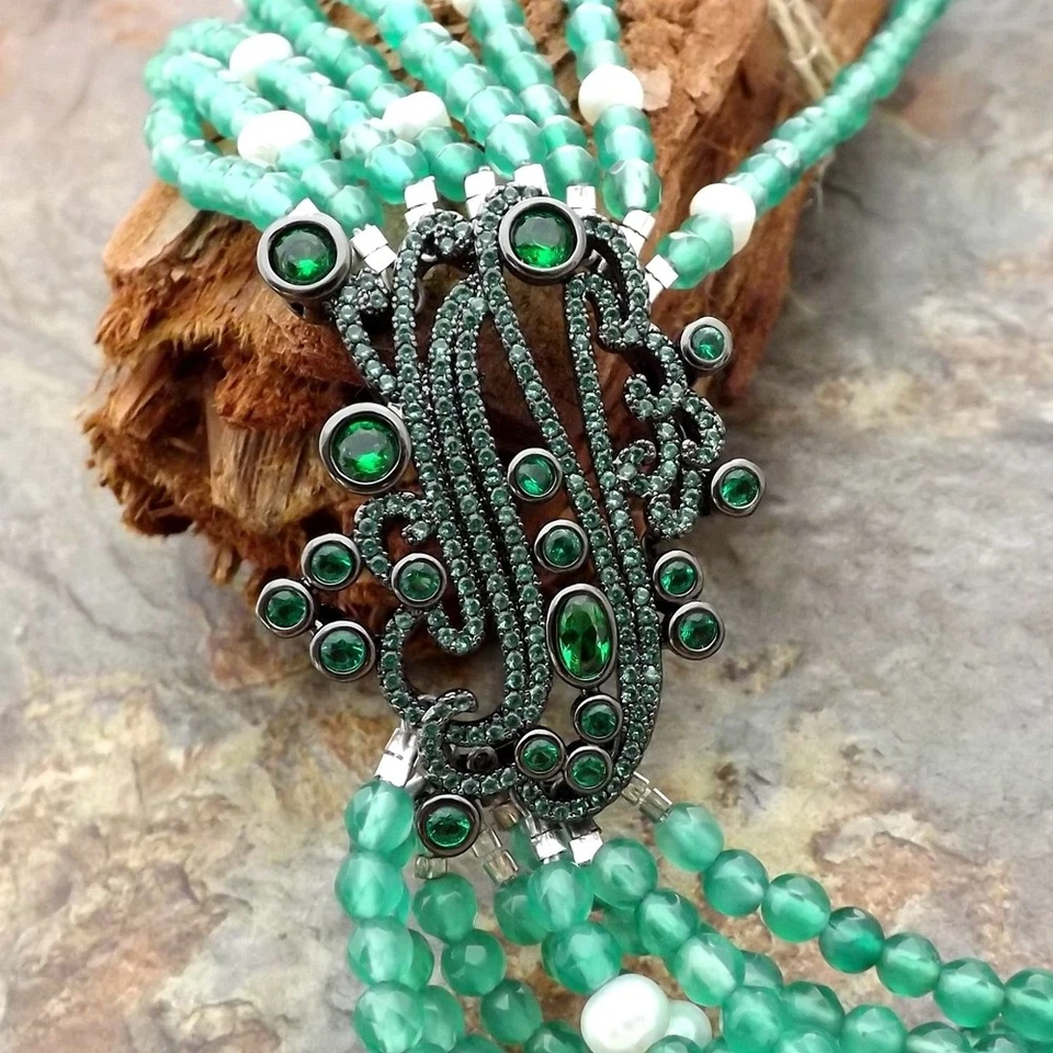 30" 8 Strands  Green Agate White Pearl Necklace CZ Pendant - Image 4 of 4