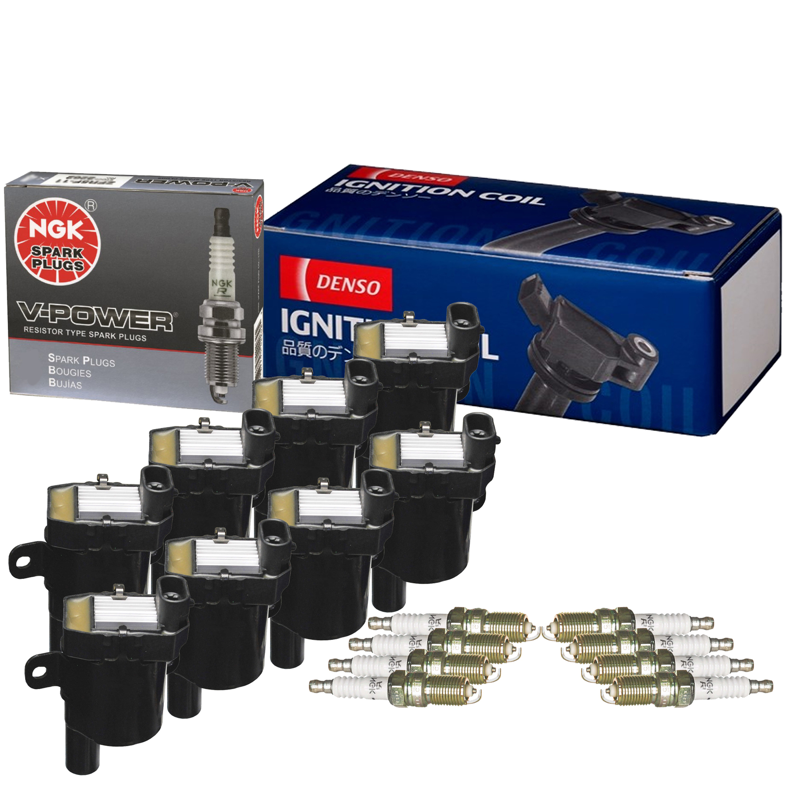 Denso 8 Ignition Coils  NGK 8 V-Power Spark Plugs Kit For Cadillac Chevy GMC V8