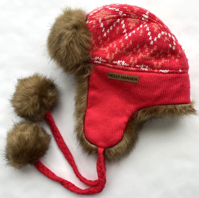 HELLY HANSEN Red Pink Knit Ear Flaps Faux Fur Pom Pom Tasseled Ties Ski Hat Cap