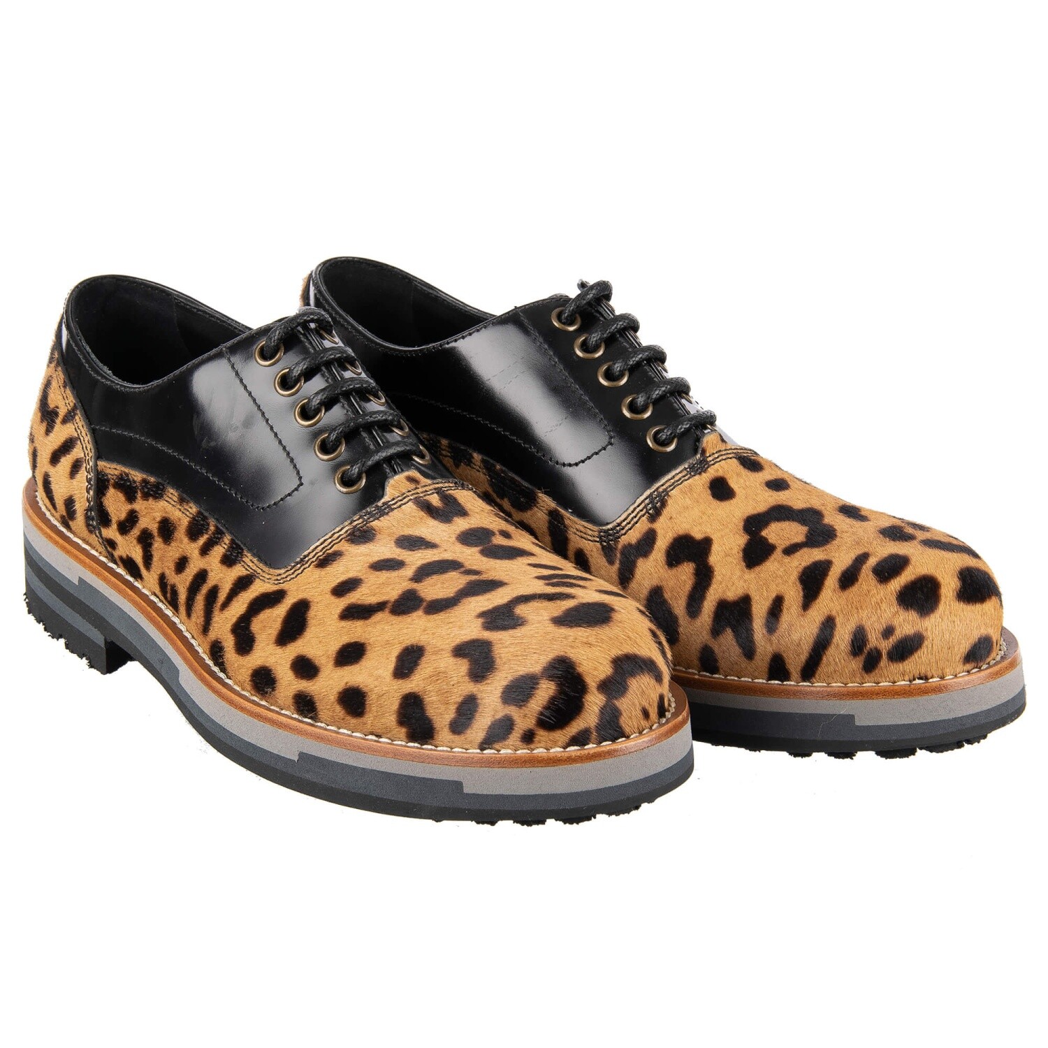 DOLCE & GABBANA Leopard Print Pelz Leder Schuhe BAGHERIA Braun Schwarz